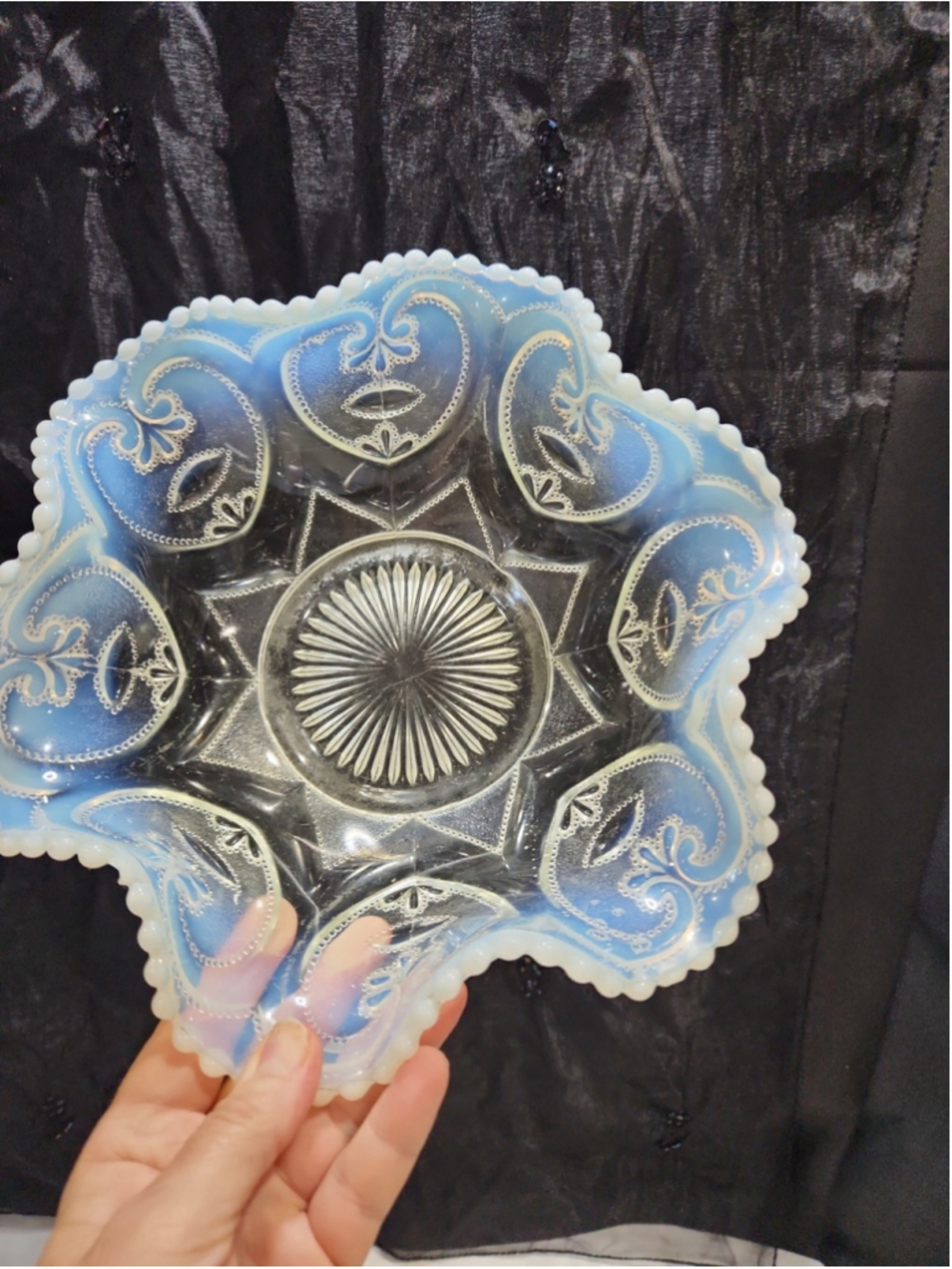 Vintage Fenton French Opalescent Scroll and Eye 10" Large Ruffled Bowl Pre-1970